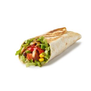 A freshly prepared Chicken Wrap with grilled chicken, crispy vegetables, and a soft tortilla, served at City Kebab and Cafe.