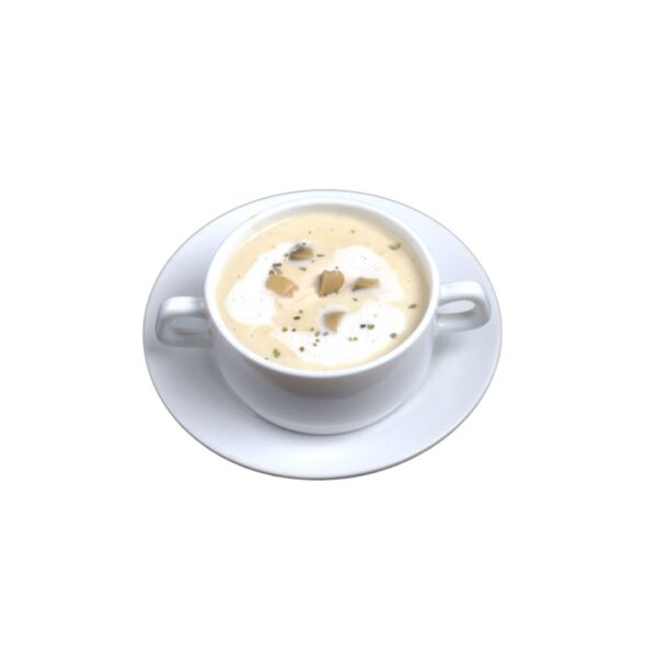 Bowl of City Cafe Special Cream Of Chicken soup served hot with herbs and bread on the side