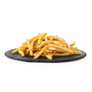 French Fries served crispy and golden brown on a white plate with dipping sauce