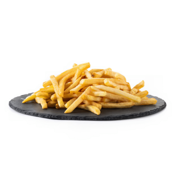 French Fries served crispy and golden brown on a white plate with dipping sauce