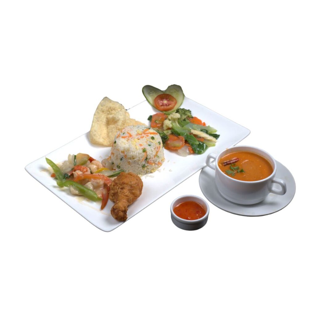 Set Menu E with Thai/Corn Soup, Spring Roll, Egg Fried Rice, Thai Fried Chicken, Prawn Chilli Onion, and Chinese Veg at City Kebab and Cafe