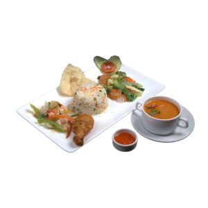 Set Menu E with Thai/Corn Soup, Spring Roll, Egg Fried Rice, Thai Fried Chicken, Prawn Chilli Onion, and Chinese Veg at City Kebab and Cafe
